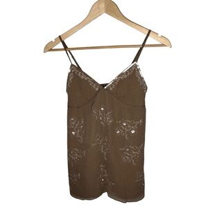 Y2K Vintage Abercrombie & Fitch Brown Silk Floral Embroidered Babydoll Tank Top